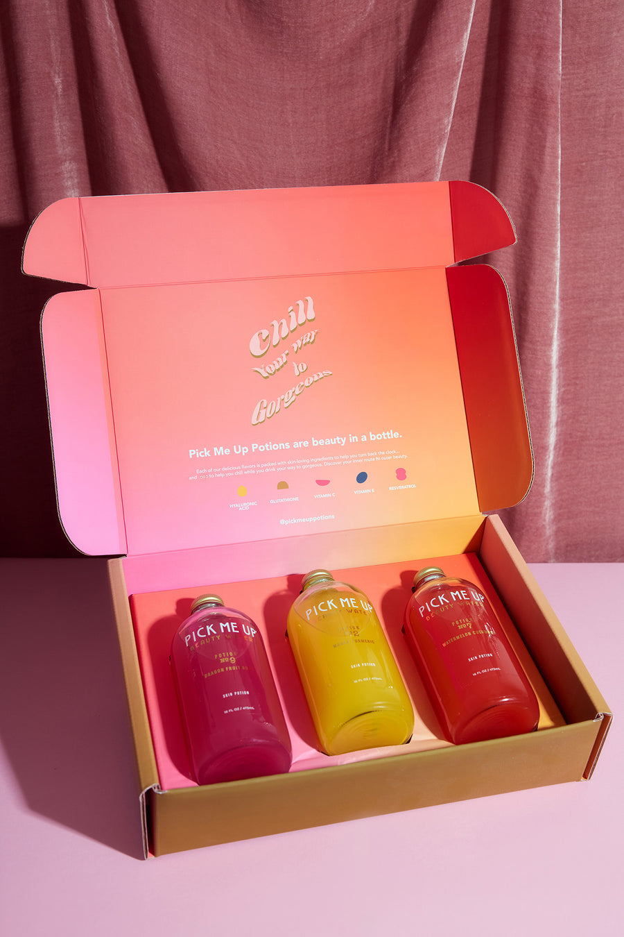 Pick Me Up Potions Variety Pack featuring all three functional beauty drinks for skin, glow, and hydration.