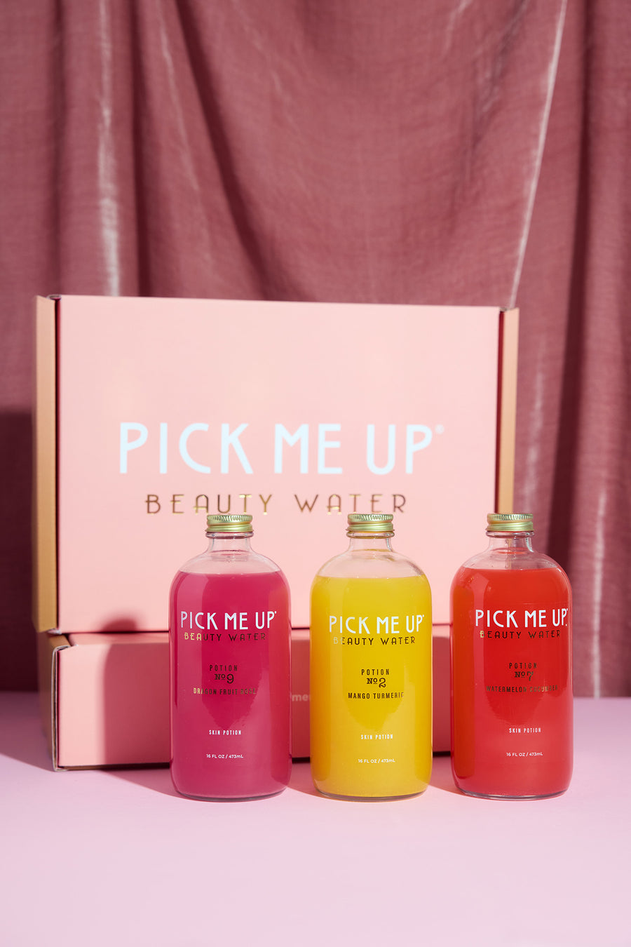 Pick Me Up Potions Skin Potion Variety Pack with Dragon Fruit Rose, Watermelon Cucumber, and Mango Turmeric bottles